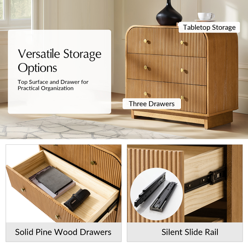 Claude Modern 3-drawers Fluted Curved Nightstand with Charging Station and USB Ports