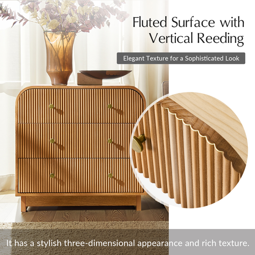 Claude Modern 3-drawers Fluted Curved Nightstand with Charging Station and USB Ports