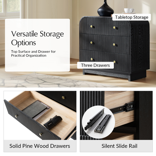 Claude Modern 3-drawers Fluted Curved Nightstand with Charging Station and USB Ports