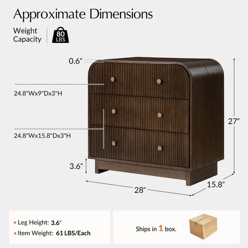 Claude Modern 3-drawers Fluted Curved Nightstand with Charging Station and USB Ports