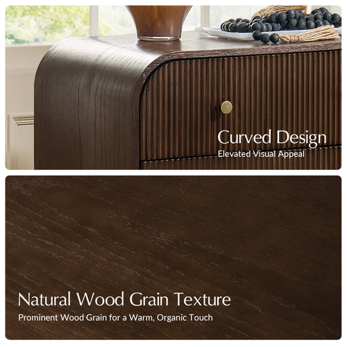 Claude Modern 3-drawers Fluted Curved Nightstand with Charging Station and USB Ports