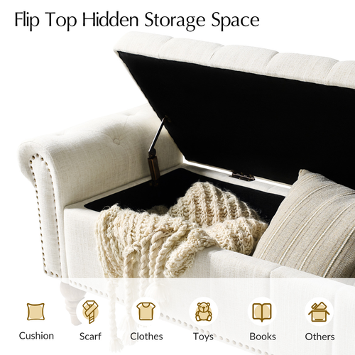 Joan Traditional Upholstered Button Turfed Storage Bench with Nailhead Trims