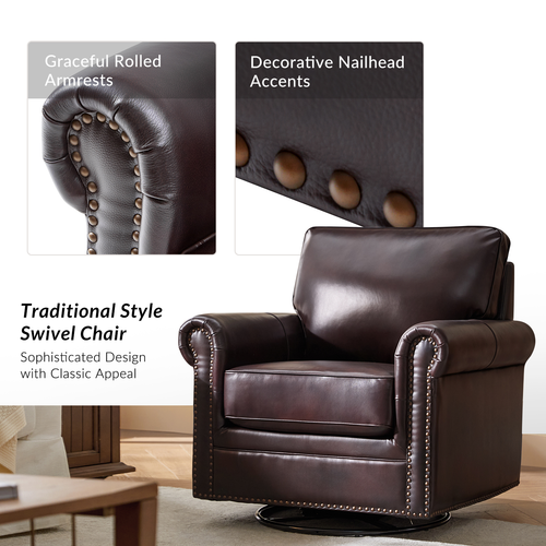 Jacindo Traditional Genuine Leather Swivel Rocking Accent Chair with Nailhead Trims