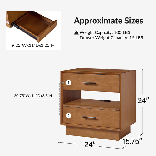 Zaida 24 in. W Mid-Century Modern 3-Drawer Nightstand with Built-In Outlets