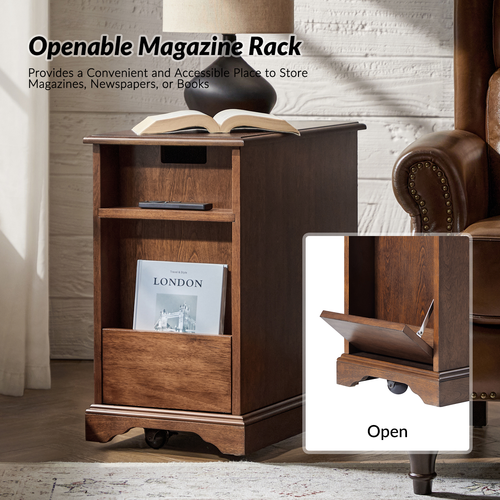 Ruperto 14 in. W MDF Rectangle End Table with Hooded Caster Wheels and Built-In Outlets