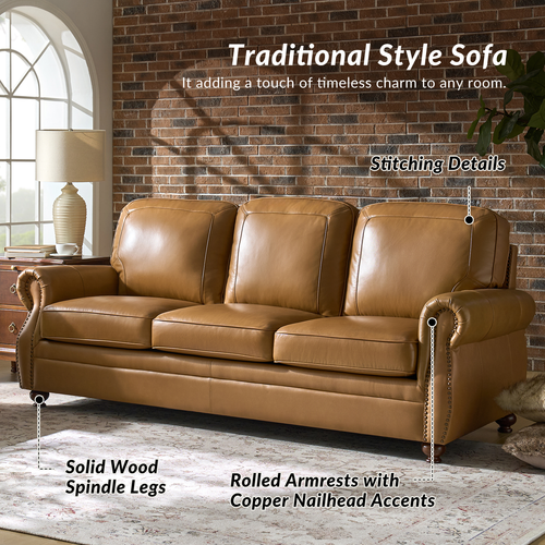 Justina 85.5 in. Traditional Rectangular Rolled Arms Genuine Leather Sofa with Nailhead Trims