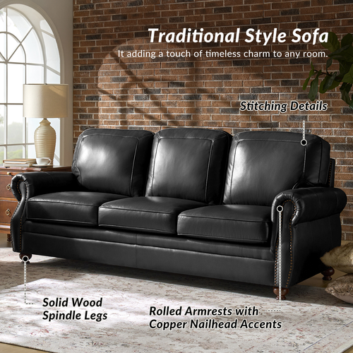 Justina 85.5 in. Traditional Rectangular Rolled Arms Genuine Leather Sofa with Nailhead Trims