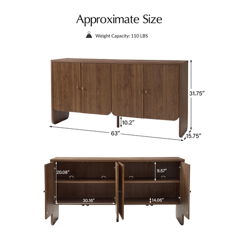 Phyllis Wood 63 in. 4-Door Sideboard with Grooved Panel Design and Adjustable Shelves