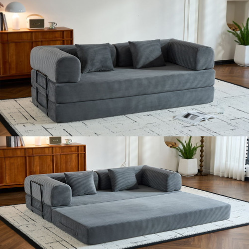 Convertible Sleeper Sofa Bed With Cylindrical Pillow, With Fixed Shape Frame