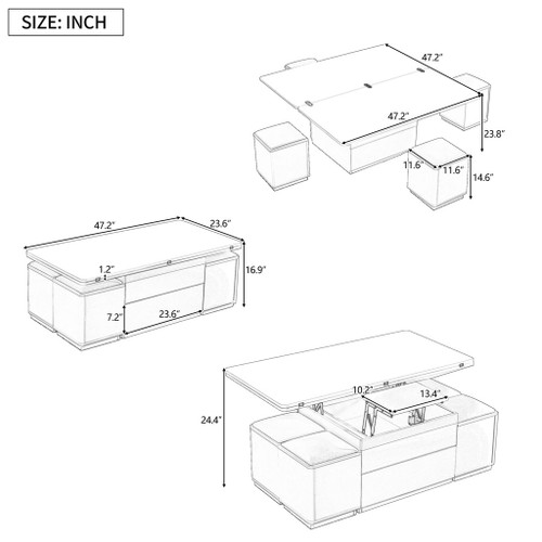 Multi Functional Adjustable Coffee Table With 4 Storage Stools