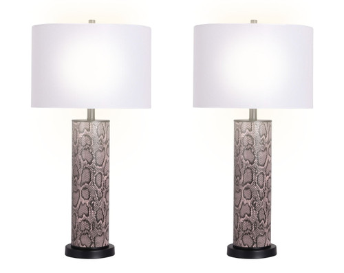 "Serpent Elegance" Faux Leather Table Lamp With Metal Base (Set of 2) - Snake Skin / Asb Gray