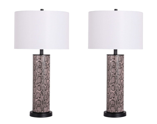 "Serpent Elegance" Faux Leather Table Lamp With Metal Base (Set of 2) - Snake Skin / Asb Gray