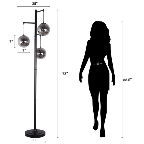 "Globe Cascade" Metal Floor Lamp With Glass Globes - Polished Chrome / Smoked Glass