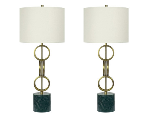 "Marble Harmony" Metal Table Lamp On Marble Base (Set of 2) - Green Marble / Matte Golden Bronze