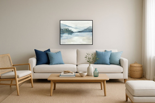 "Serene Reflections I" Hand-Embellished Canvas In Frame - Blue / Green / White / Black