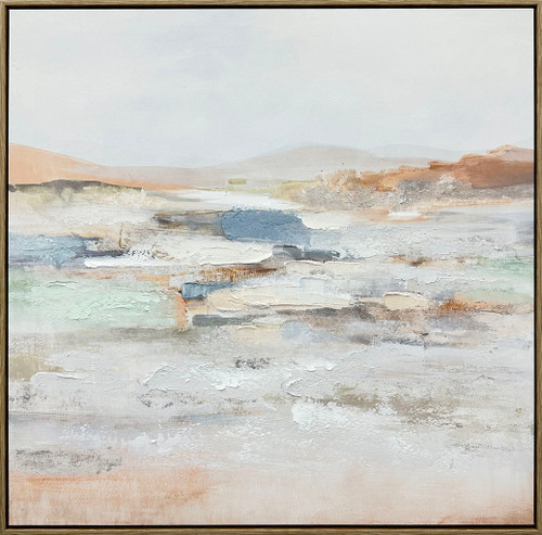 "Serene Horizons I" Hand-Embellished Canvas In Frame - White / Orange / Blue