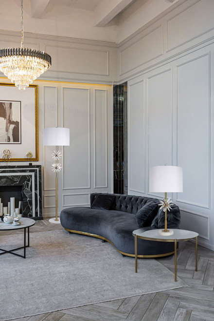 "Crystal Bloom I" Metal And Crystal Floor Lamp - Soft Gold / Clear Crystal / White Marble