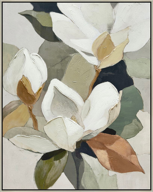 "Magnolia Serenity I" Hand-Embellished Canvas In Frame - Green / Orange / White