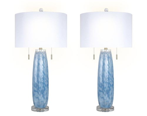 "Azure Display" Art Glass Table Lamp (Set of 2) - Blue Art Glass / Clear Crystal / Soft Gold