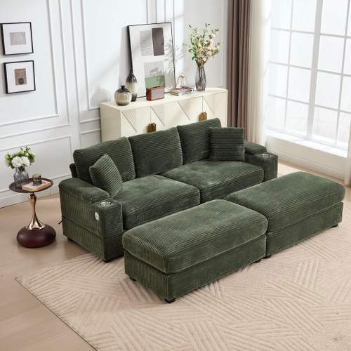 Convertible Sectional Sofa Bed Set With Armrest Storage, Cup Holder, USB, 4 Seater - Green