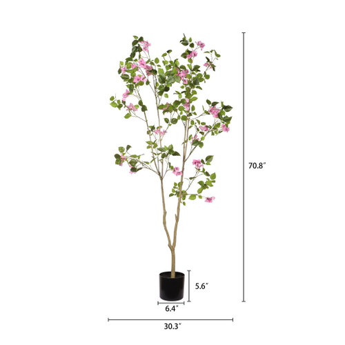 Artificial Bougainvillea Tree With Pot, Realistic Faux Flowering Plant Leaves And Blooms, Decor For Home Office - Green Leaves / Pink