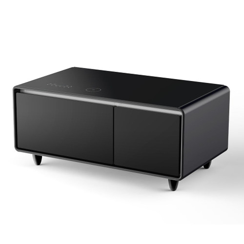 Modern Smart Coffee Table With Built-In Fridge - tooth Speaker, Wireless Charging, Touch Control Panel, USB Interface, Outlet Protection, Atmosphere Light
