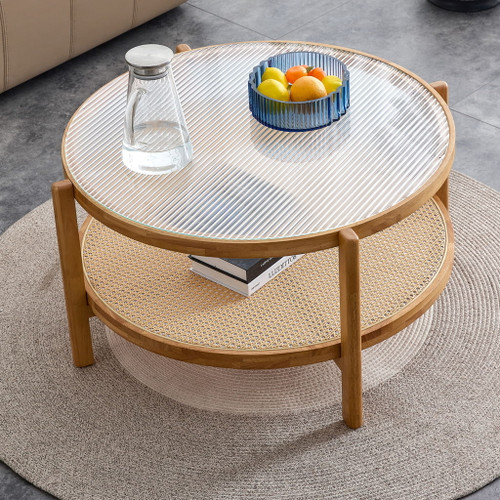 Modern Style Circular Double Layer Tea Table With Rattan Weave