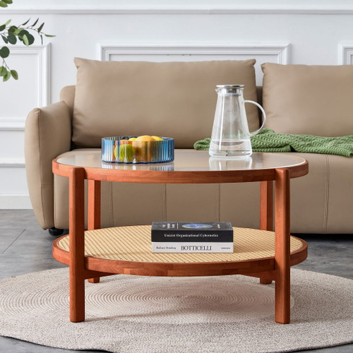 Modern Style Circular Double Layer Tea Table With Rattan Weave