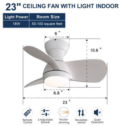 23" Bedroom Ceiling Fan With 3 Color Dimmable 3 ABS Blades Remote Control Dc Motor With 18W Led Light