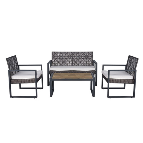 4 Piece Patio Furniture Set With Acacia Wood Table Top And Cushions