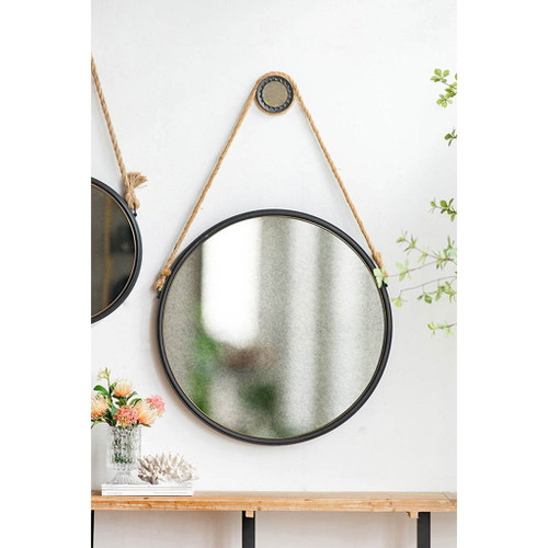 Handsome Cleveland Mirror With Rope Strap Contemporary Design Circle Mirror With Round Metal Frame For Wall Decor