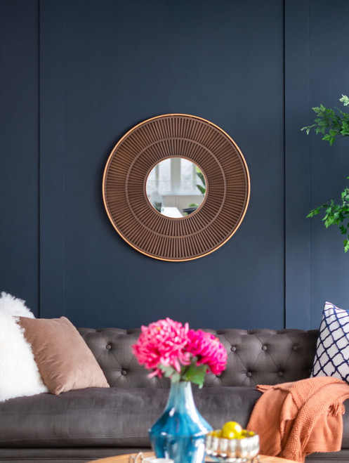 Round Carter Wooden Mirror WithIron Frame Neutral Colorway Wall Decor For Live Space