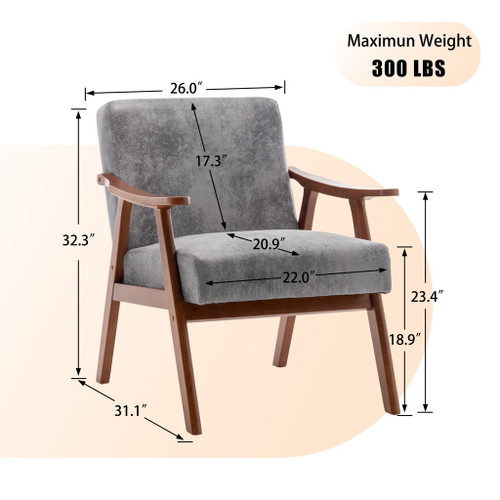 Mid Century Modern Accent Chair With Solid Wood Frame And Extra Thick Backrest