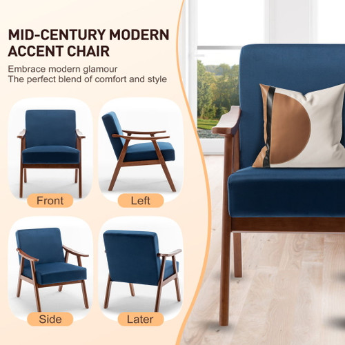 Mid Century Modern Accent Chair With Solid Wood Frame And Extra Thick Backrest