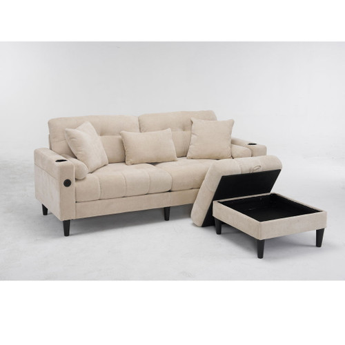 3 Seat L-Shaped Sofa With Removable And Storage Ottoman, Side Storage, And USB / C - Type Charging Ports Sofa For Living Room