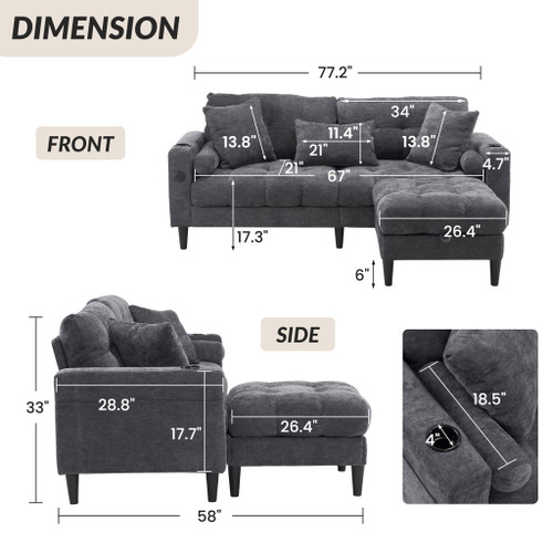 3 Seat L-Shaped Sofa With Removable And Storage Ottoman, Side Storage, And USB / C - Type Charging Ports Sofa For Living Room