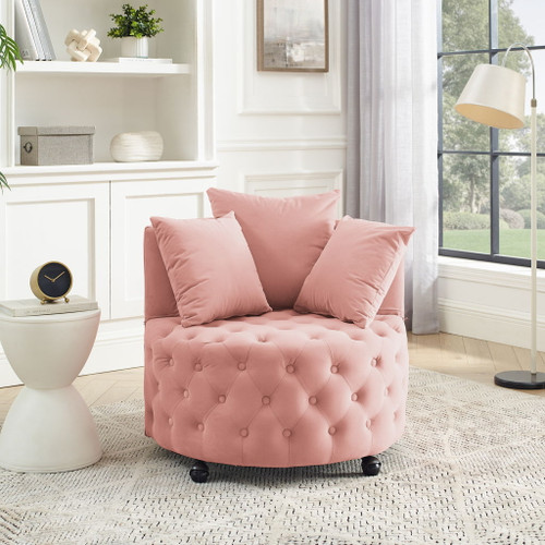 Modern Upholstered Swivel Chair With Button Tufted Design And Movable Wheels