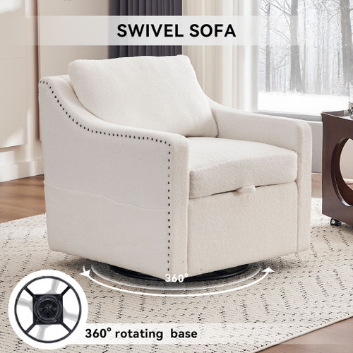 Linen Fabric 360° Swivel Accent Chair With Upholstered Back Pillow And Rivet Armrest