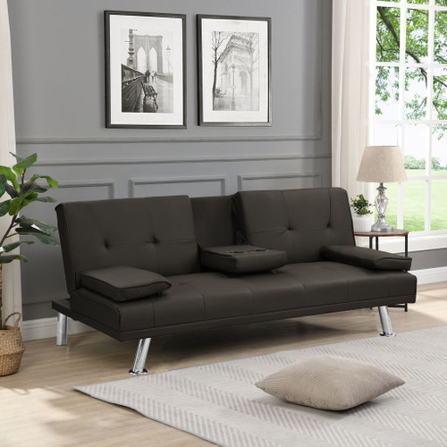 Modern Sofa Bed With Armrest 2 Holders, Wood Frame & Stainless Leg