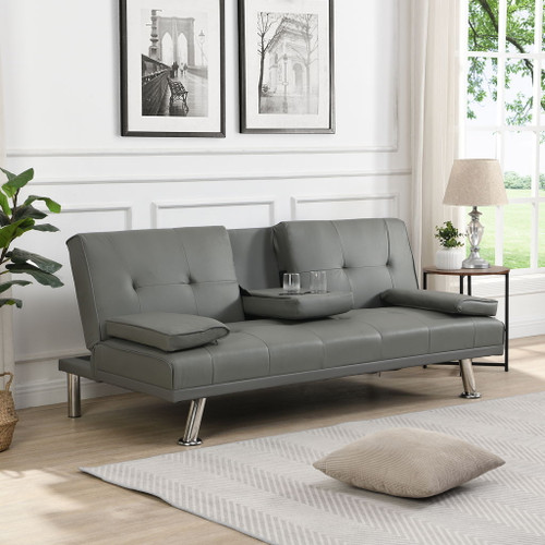 Modern Sofa Bed With Armrest 2 Holders, Wood Frame & Stainless Leg
