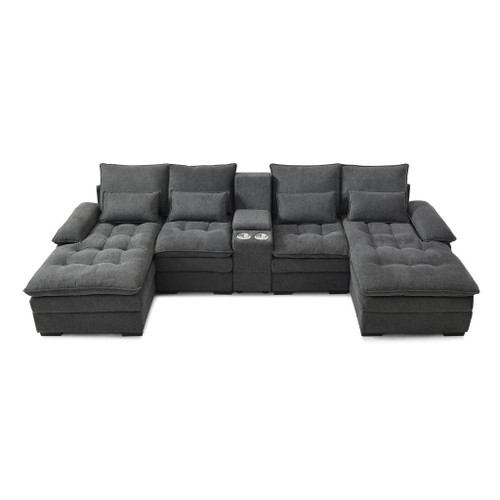 U Shaped Sofa With Console And Cupholders, 6 Seat