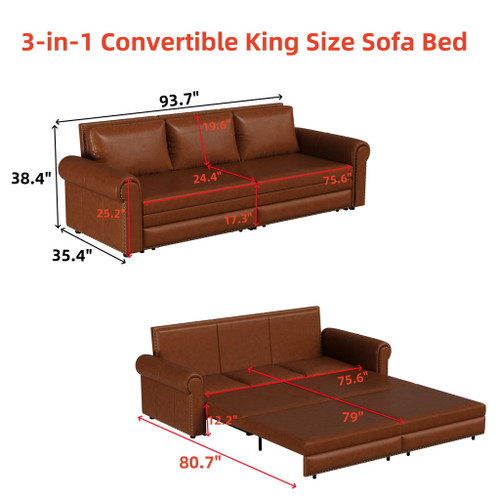 3 In 1 Convertible Sleeper Sofa With Nailhead Trim & Rolled Arm