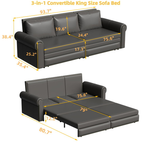 3 In 1 Convertible Sleeper Sofa With Nailhead Trim & Rolled Arm