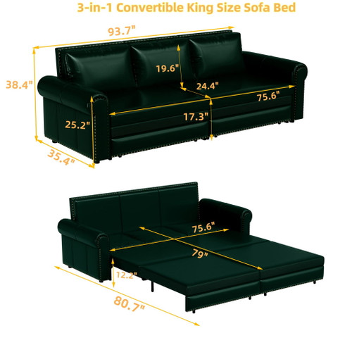 3 In 1 Convertible Sleeper Sofa With Nailhead Trim & Rolled Arm