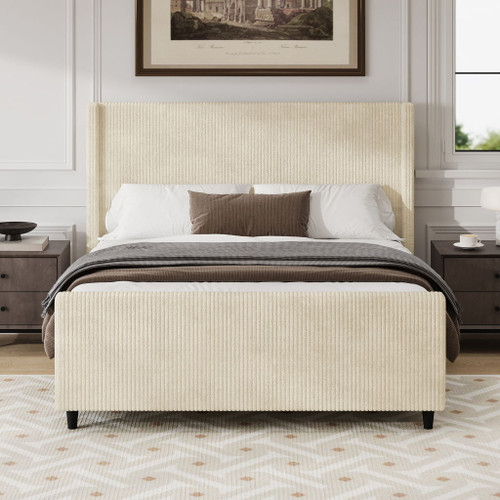 Corduroy Upholstered Bed Frame With Vertical Stripe Wingback And High Footboard
