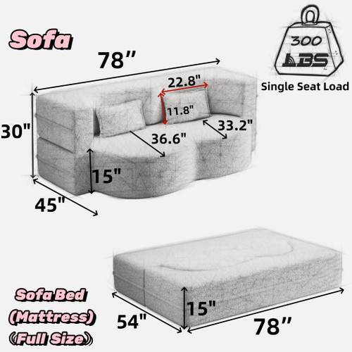 Floor Convertible Sleeper Sofa Bed With 2 Pillows