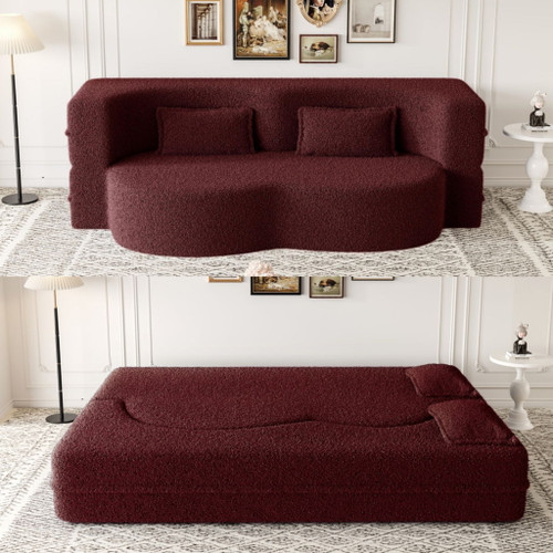 Modern Floor Sofa, With 2 Pillows, Convertible Teddy Fabric Foam Filled Bed