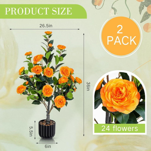 2 Pack Artificial Camellia Trees, Faux Potted Plants With Orange Flowers For Indoor Or Outdoor Decor, Porch, Office, Or Home Use - Black / Green / Orange