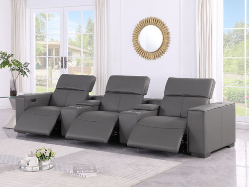 1208 - Leather Sofa With 3 Power Recliners And Two Storage Consoles