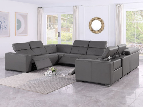 1208 - 8 Piece U Shaped Leather Sectional With 4 Power Recliners & Power Headrest